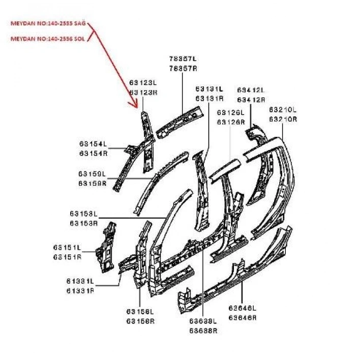 mitsubishi l200- pıck up- 2006-2015  orta direk iç sacı sol (ıç kabın tarafı) (çıft kabın) (orıjınal Oem No (5312A257T)