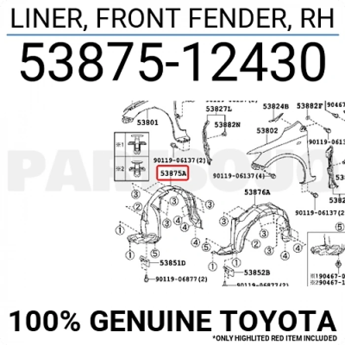 Toyota Corolla 2013-2019 Ön Sağ Çamurluk Davlumbazı (Enjeksiyon Üretim) Oem No (5387502480)
