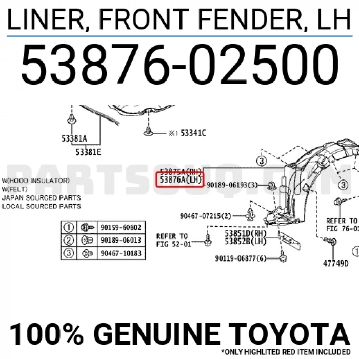 Toyota Corolla 2007-2012 Ön Sağ Çamurluk Davlumbazı (Enjeksiyon Üretim) Oem No (5387512430)