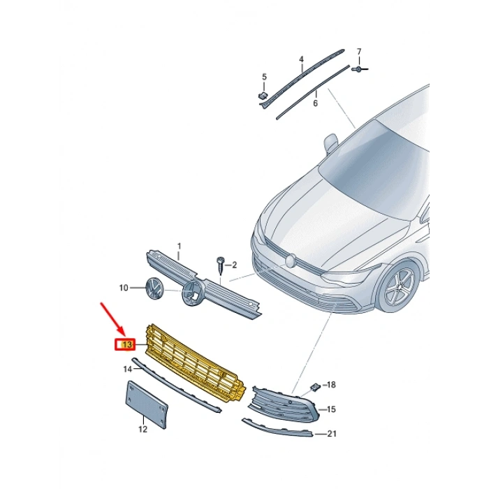 Volkswagen Golf Vııı Ön Tampon Panjuru Kapalı Desenli Sensör Kuşak Delikli 2020- (Oem No:  5H0853677G9B9)