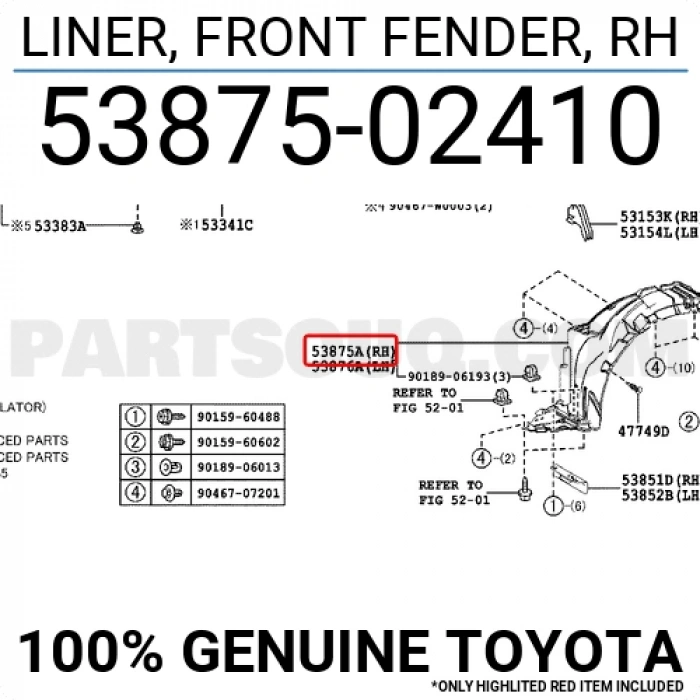 Toyota Auris Ön Çamurluk Davlumbazı Sağ 2012-  (Oem No:  5387502410)