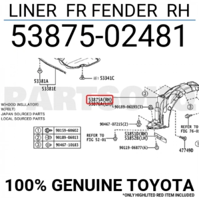 Toyota Corolla Ön Çamurluk Davlumbazı Sağ 2013-2018 (Oem No:  5387502481)