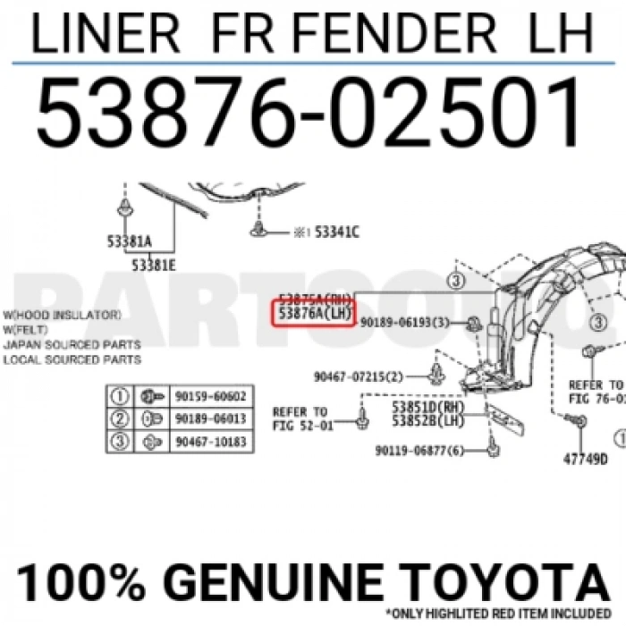 Toyota Corolla Ön Çamurluk Davlumbazı Sol 2013-2018 (Oem No:  5387602501)