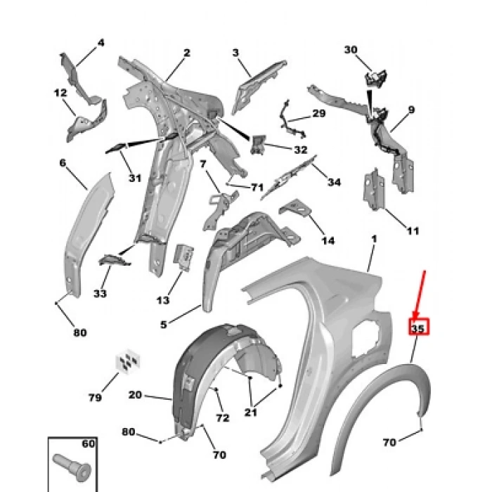 Peugeot 208 Arka Çamurluk Dodik Plastiği Sol 2020- (Oem No:  98233005Xy)