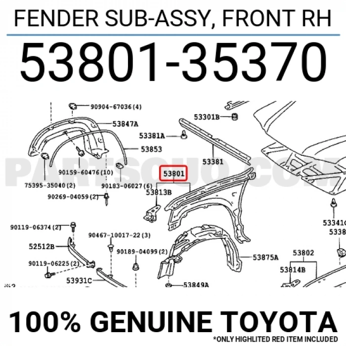 Toyota Hilux Ön Çamurluk Delikli Sağ 2001 2003- (Oem No:  5380135370)