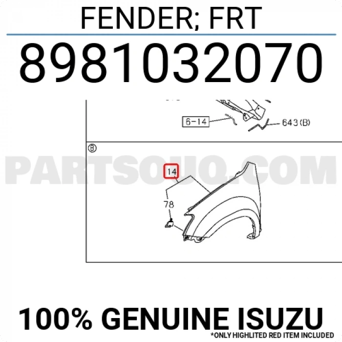 İsuzu Dmax Ön Çamurluk 4X4 Sağ 2012-2019 (Oem No:  8981032070)