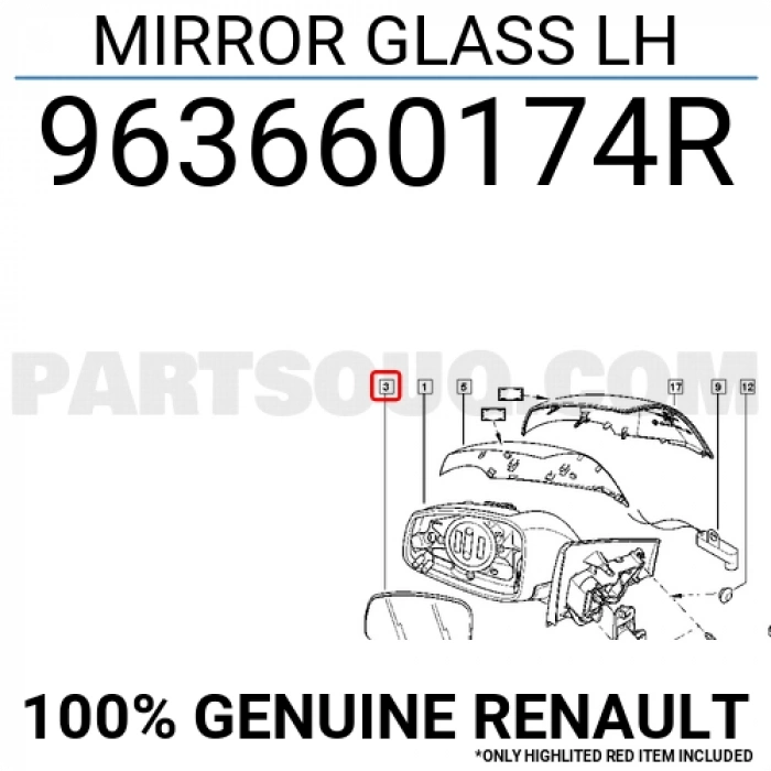 Renault Megane/Fluence Dış Ayna Camı Isıtmalı  Sol 2009-  (Oem No:  963660174R)