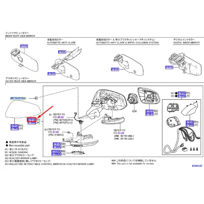 Toyota Rav 4 Ayna Elektrikli Isıtmalı Sinyalli Otom. Katlanır Kamera Çevre Ay.Kör Nokta Uyarı Sağ 2019- (Oem No:  8791042F40)