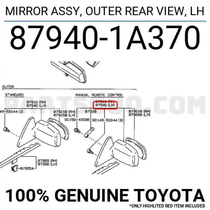 Toyota Corolla Dış Ayna Manuel Sol 1988-1992 (Oem No:  879401A370)