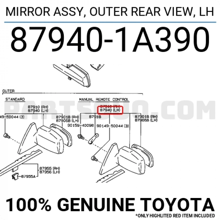 Toyota Corolla Dış Ayna Elektrikli Sabit Tip Sol 1988-1992 (Oem No:  879401A390)