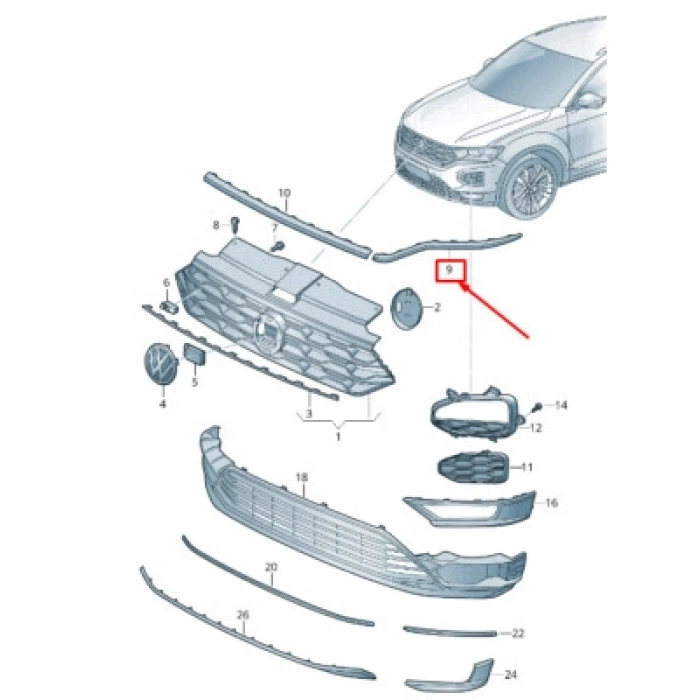 Volkswagen T-Roc Ön Panjur Bandı Nikelaj Üst Sağ 2019- (Oem No:  2Ga8537122Zz)