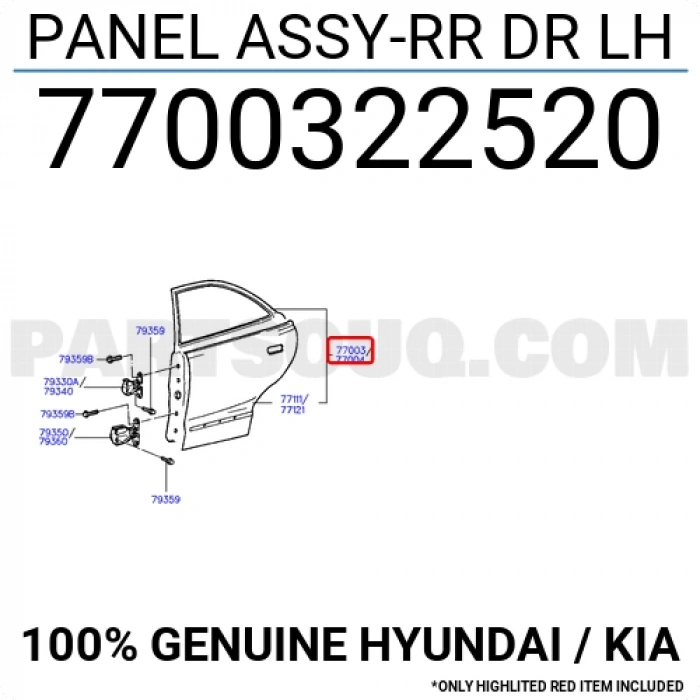 Hyundai Accent- 1998-2000; Arka Kapı Komple Sol Band Delikli/Gri Boyalı (Bfn) Oem No: (77003-22520)