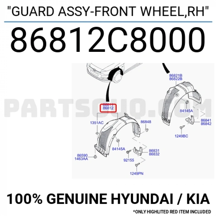 Hyundai  İ20   2015-2018; Ön Çamurluk Davlumbazı Sağ Oem No: (86812-C8000)