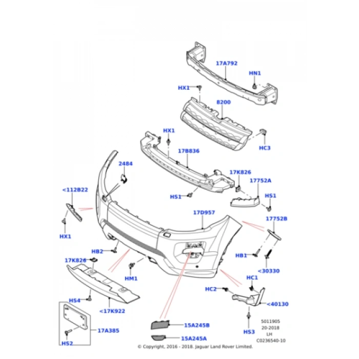 Range Rover- Evoque- 2012-2015; Ön Tampon Gri (Far Yıkamalı/Sis Delikli/Panjurlu/Sensör Delikli 5Kap Oem No: (Lr038565)