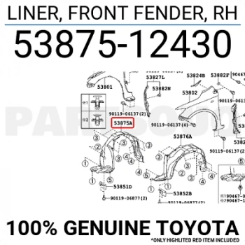 Toyota Corolla 2013-2019 Ön Sağ Çamurluk Davlumbazı (Enjeksiyon Üretim) Oem No (5387502480)