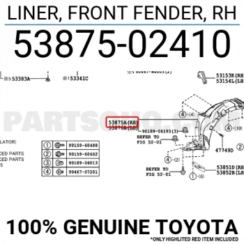 Toyota Auris Ön Çamurluk Davlumbazı Sağ 2012-  (Oem No:  5387502410)