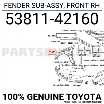 Toyota Rav 4 Ön Çamurluk Dodik Delikli Sağ 2001 2002- (Oem No:  5381142160)