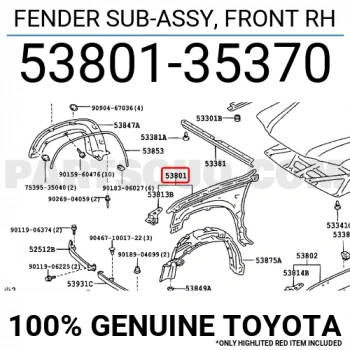 Toyota Hilux Ön Çamurluk Delikli Sağ 2001 2003- (Oem No:  5380135370)