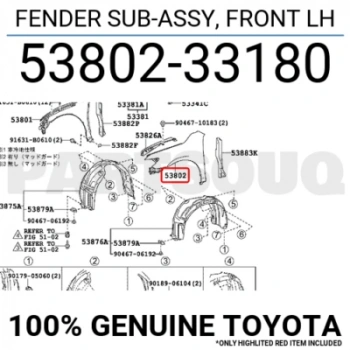 Toyota Camry Ön Çamurluk Delikli Sol 2007-- (Oem No:  5380233180)