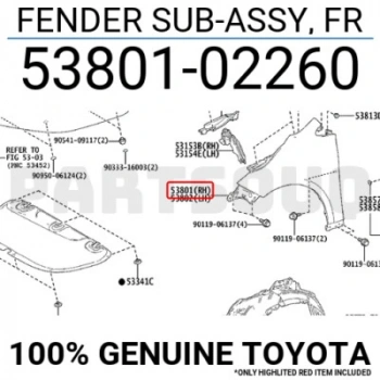 Toyota Corolla Ön Çamurluk Sağ 2018 (Oem No:  53801-02260)