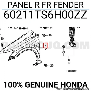 Honda Civic Ön Çamurluk Sağ 2012-  (Oem No:  60211Ts6H00Zz)