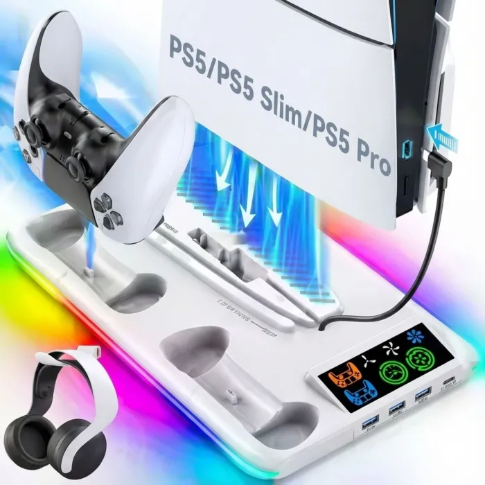 Gudli PS5 Soğutmalı Dikey Stand RGB Işıklı Dual Controller Şarj İstasyonu