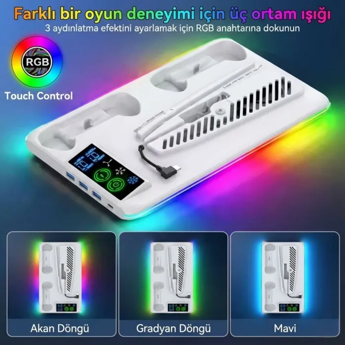 Gudli PS5 Soğutmalı Dikey Stand RGB Işıklı Dual Controller Şarj İstasyonu