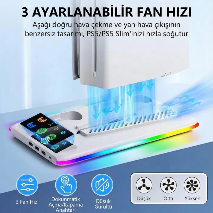 Gudli PS5 Soğutmalı Dikey Stand RGB Işıklı Dual Controller Şarj İstasyonu