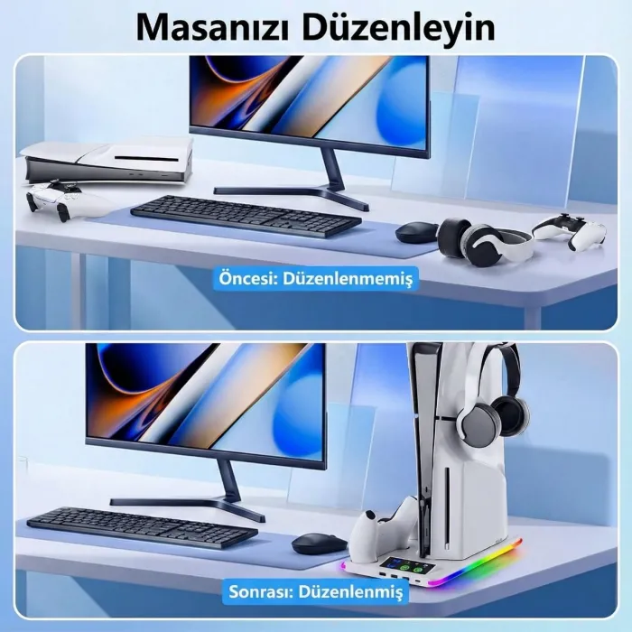 Gudli PS5 Soğutmalı Dikey Stand RGB Işıklı Dual Controller Şarj İstasyonu