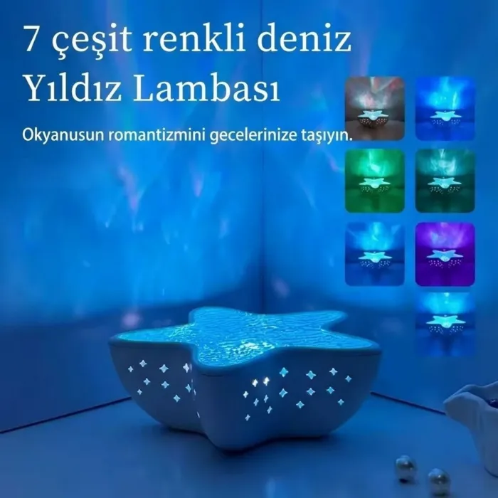 Gudli Deniz Yıldızı Okyanus Dalgası Projektör Gece Lambası 7 Renk 2000mAh Şarjlı Pil Ambiyans Işığı