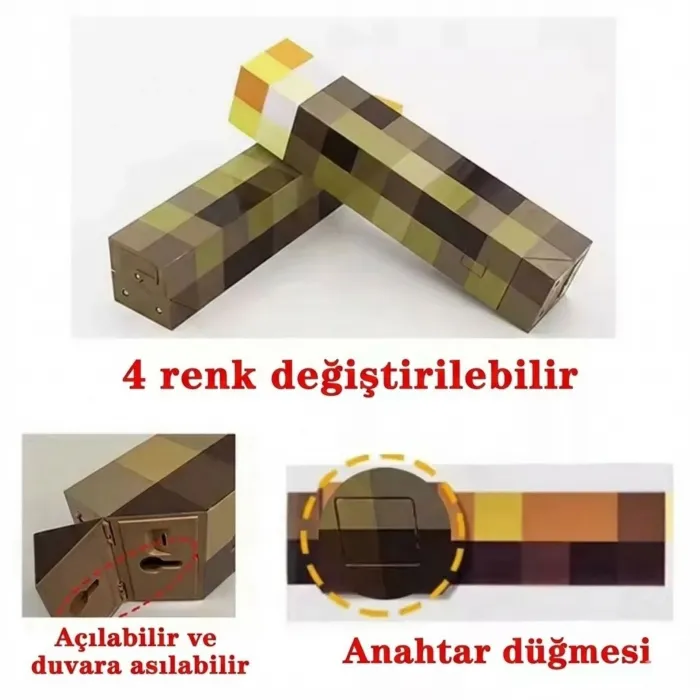 Gudli Minecraft Tarzı LED Meşale Lamba Çok Renkli USB Şarjlı Duvar Masa Lambası