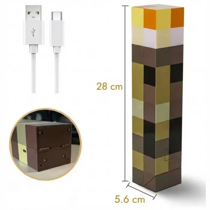 Gudli Minecraft Tarzı LED Meşale Lamba Çok Renkli USB Şarjlı Duvar Masa Lambası