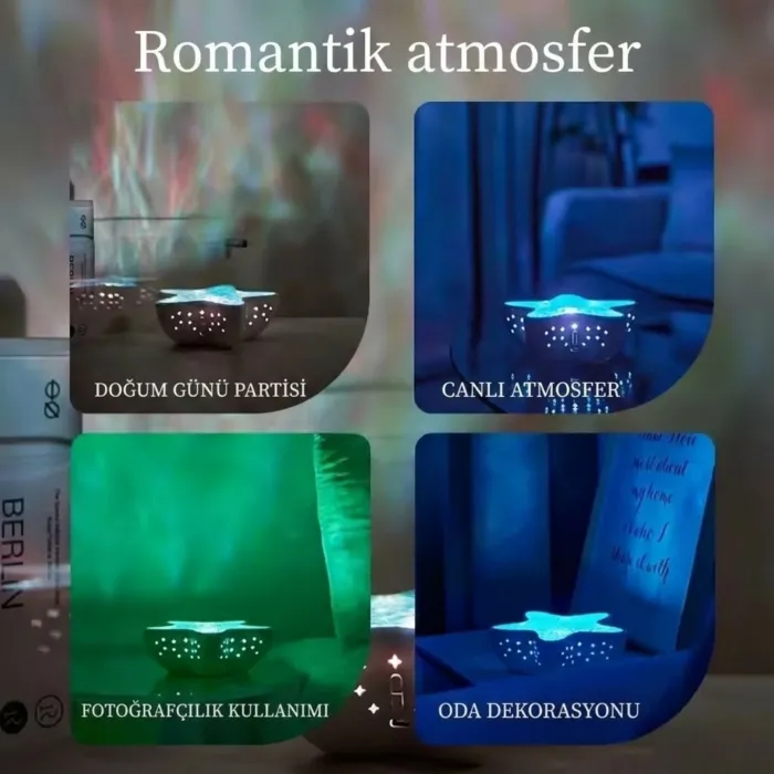 Gudli Deniz Yıldızı Okyanus Dalgası Projektör Gece Lambası 7 Renk 2000mAh Şarjlı Pil Ambiyans Işığı