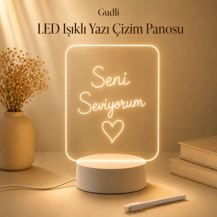 Gudli LED Işıklı Yazı Çizim Panosu USBli, Silinebilir, Dekoratif Gece Lambası