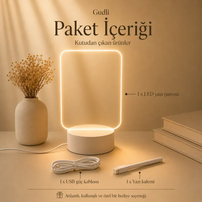 Gudli LED Işıklı Yazı Çizim Panosu USBli, Silinebilir, Dekoratif Gece Lambası