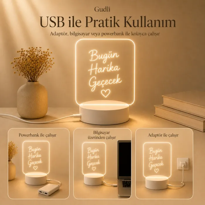 Gudli LED Işıklı Yazı Çizim Panosu USBli, Silinebilir, Dekoratif Gece Lambası