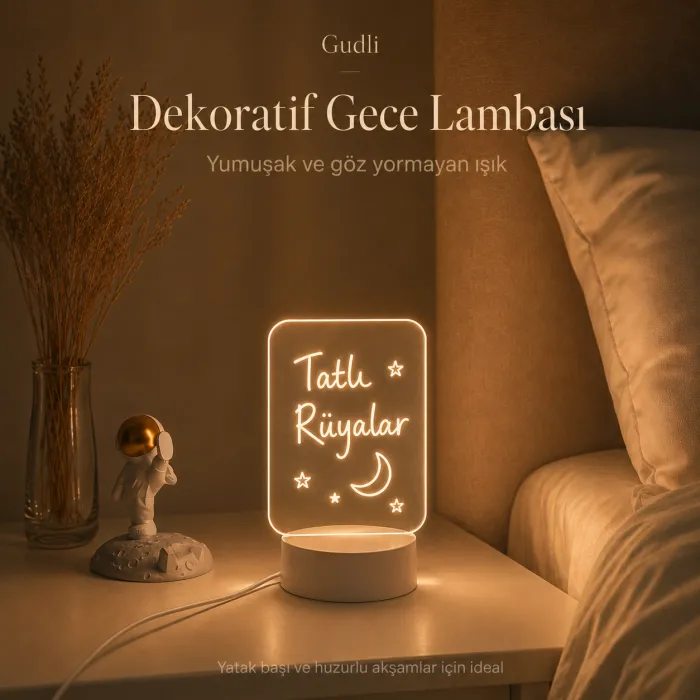 Gudli LED Işıklı Yazı Çizim Panosu USBli, Silinebilir, Dekoratif Gece Lambası