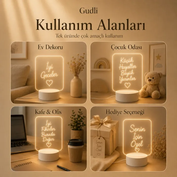 Gudli LED Işıklı Yazı Çizim Panosu USBli, Silinebilir, Dekoratif Gece Lambası