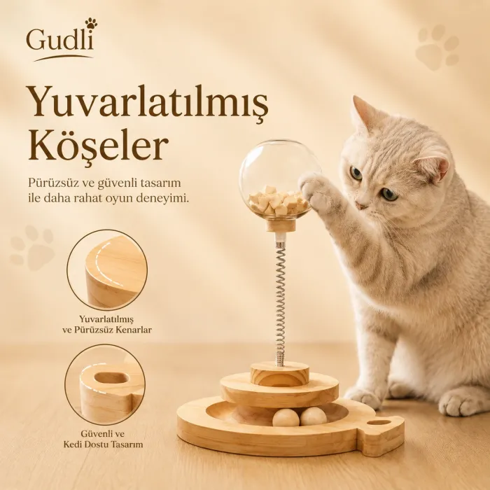Gudli Kedi Oyuncağı Çift Katmanlı Döner Tabla Zeka Geliştirici Ödüllü Mama Oyunu