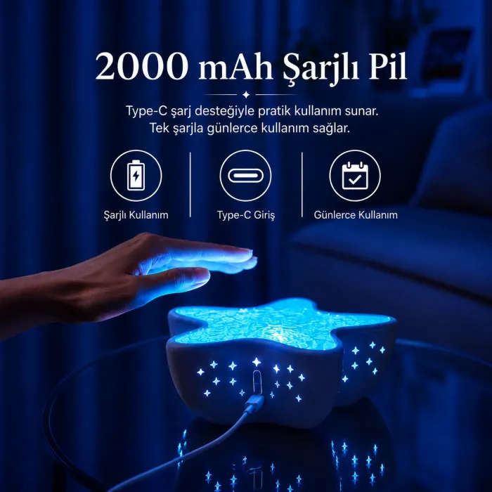 Gudli Deniz Yıldızı Okyanus Dalgası Projektör Gece Lambası 7 Renk 2000mAh Şarjlı Pil Ambiyans Işığı