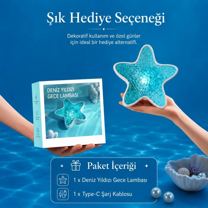 Gudli Deniz Yıldızı Okyanus Dalgası Projektör Gece Lambası 7 Renk 2000mAh Şarjlı Pil Ambiyans Işığı