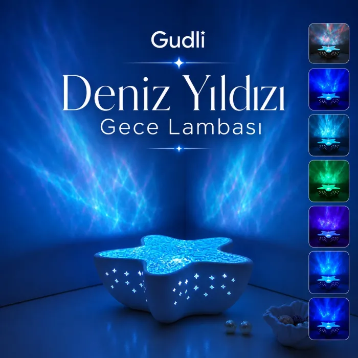 Gudli Deniz Yıldızı Okyanus Dalgası Projektör Gece Lambası 7 Renk 2000mAh Şarjlı Pil Ambiyans Işığı