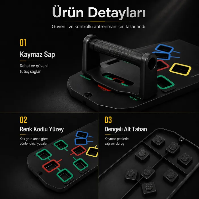 Gudli Katlanabilir Renk Kodlu Şınav Tahtası Çok Amaçlı Üst Vücut Antrenman Aleti