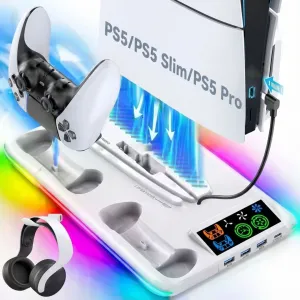 Gudli PS5 Soğutmalı Dikey Stand RGB Işıklı Dual Controller Şarj İstasyonu