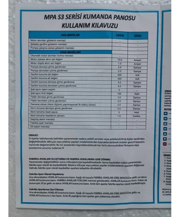 MPA S3 Dijital Dalgıç Su Pompası Elektrik Motoru Direk Yol Verme Panosu