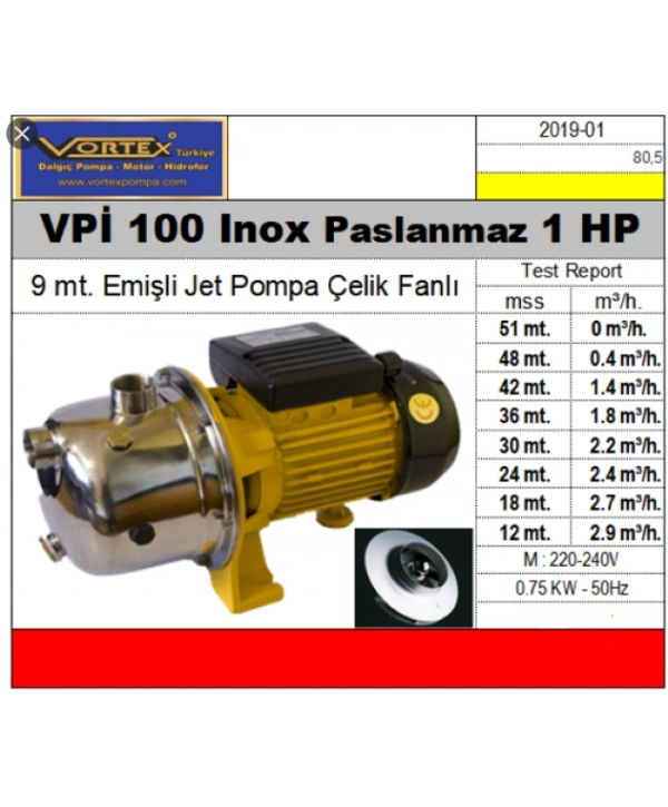 Vortex VPİ 100 inox s/s 304 1Hp 220v Paslanmaz Gövde Çelik Fanlı Jet Su Pompa