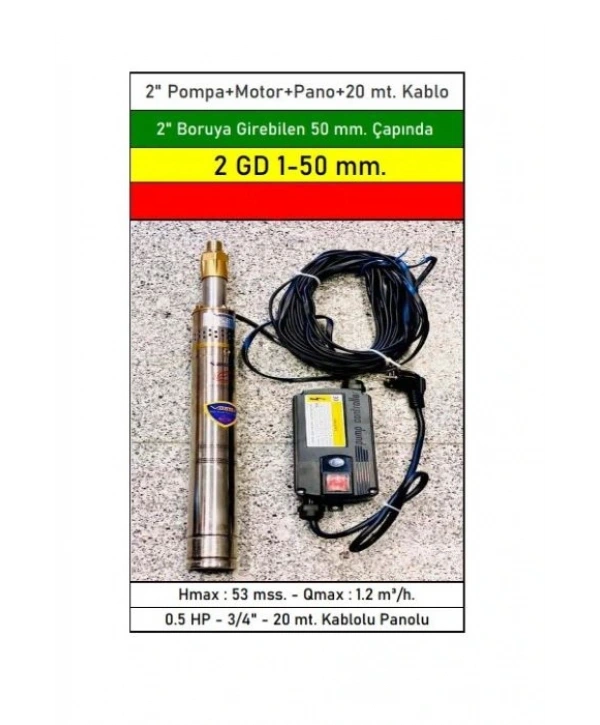Vortex 2GD1 50mm Çapında 0.5HP 220V 20mt Kablolu Panolu Dalgıç Pompa