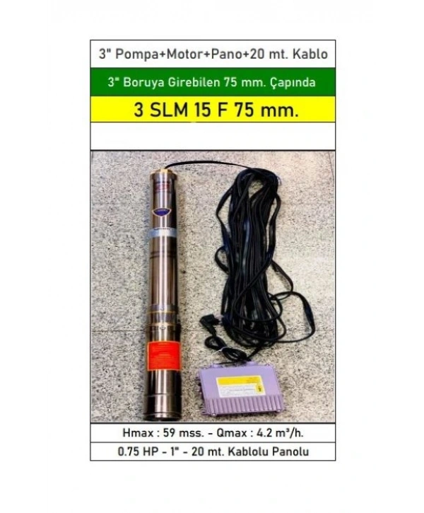 Vortex 3 SLM 15F 75mm Çapında 0.75HP 220V 20mt Kablolu Panolu Dalgıç Pompa