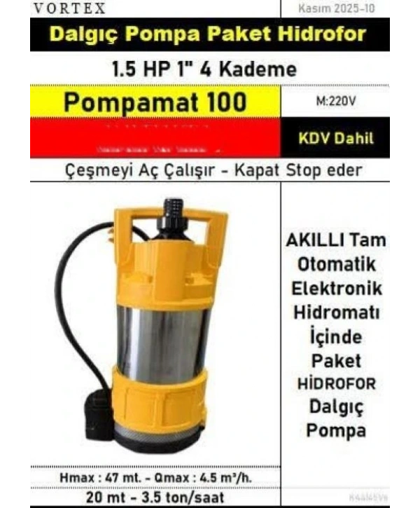Vortex Pompamat 100 1.5HP 220V Tam Otomatik Hidromatlı Dalgıç pompa