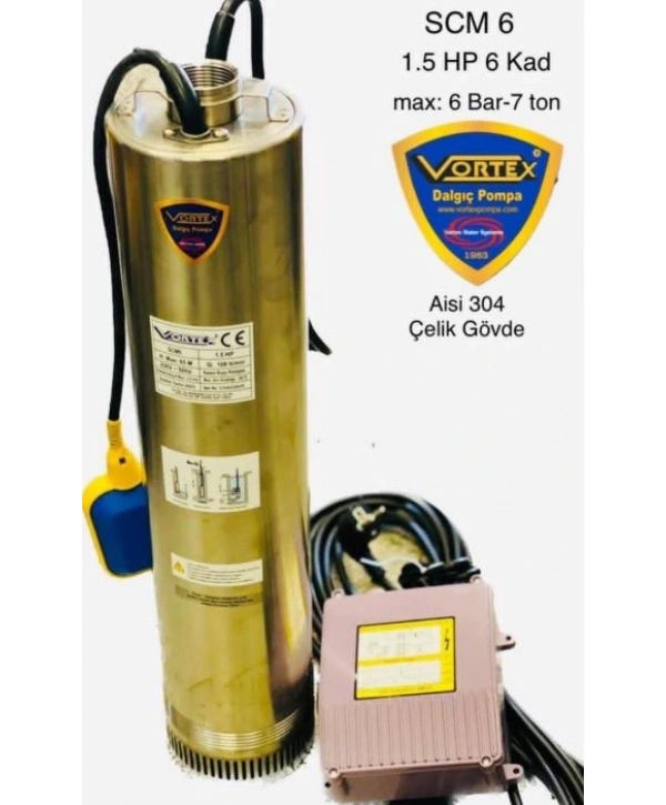 Vortex SCM 6 1.5HP Çelik Gövdeli Keson Kuyu Dalgıç Pompası